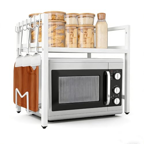 Jomdjmskes Soporte Microondas, Blanco Estante Expandible para Microondas Cocina 2 Niveles, Ajustable Organizador Cocina con 6 Ganchos Ahorra Espacio Estantería Microondas Encimera, Extensible 40-64cm