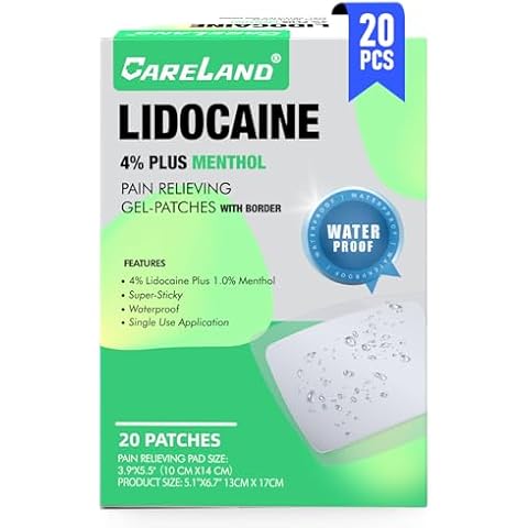 CARELAND 4% Lidocaine Patches Plus 1% Menthol, 20 Pcs Waterproof Maximum Strength Back Pain Relief Products Patches with Border, for Neck Knee Nerve Shoulder Pain Relief Muscle Relaxer, Super Sticky Cover
