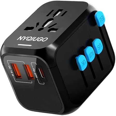 NYQIUGO Universal Travel Adapter PD20W International Power Adapter 1 USB-C & 2 USB-A Fast Charging Travel Charger All in One Worldwide Travel Plug Adapter Outlet Adapter for Europe EU UK USA AU Cover
