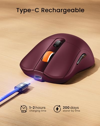 Image of ProtoArc EM15 USB C Mouse, Tri-Mode Bluetooth Mice for Laptop, Wine Red | 68g Ultra-Light, Full-Size Ergonomic Design, Silent Clicks, Rechargeable, Dual Receivers (Type-C & USB-A), for Windows, Mac