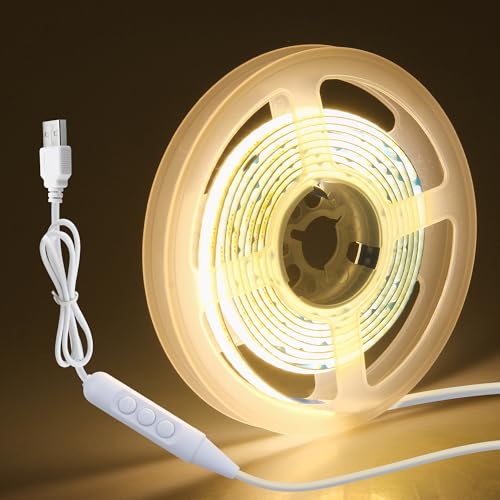 Aclorol 1.5M 5V USB COB LED Strip Light Warm White Dimmable LED TV Backlights 480LEDs High Density Flexible Strip Lights for Bedroom Kitchen Wardrobe Display Cupboard Indoor DIY Lighting CRI85+