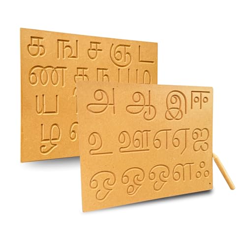 Image of BuGBee Tamil Alphabet Tracing Board for Kids | Uyir Ezhuthu & Mei Ezhuthu Wooden Writing Slate with Pencil | Montessori Tamil Learning Toy for Toddlers 2 3 4 5+ Years (Pack of 2 Boards)