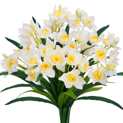 Jasmisy 6PCS Artificial Spring Flowers White Fake Daffodil Flowers Narcissus Flowers for Home Outdoor Indoor Window Box Easter Party Decorations (14.56")