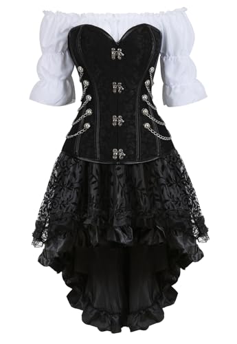 Jutrisujo Korsett Damen Kleid Steampunk Corsagenkleid Leder Corsage Kostüm Reißverschluss asymmetrischer Spitzenrock und Bluse für Halloween...