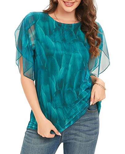 Image of Oyamiki Womens Half Sleeve Layered Flowy Chiffon Blouses Round Neck Shirts Tops