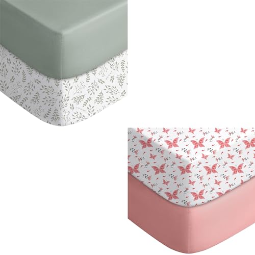Image of Yoofoss Baby Crib Sheets for Boys Girls, Fitted Crib Sheet 2 Pack for Standard Crib and Toddler Mattress, Super Soft Microfiber Baby Sheet 28x52x8in (Green+Leaf)&(Pink+Butterflies)