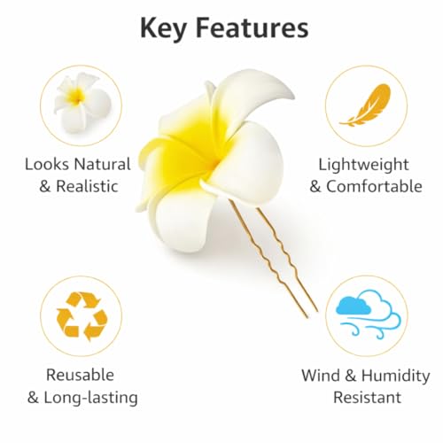 Image of Tia Crafts White Hawaii Plumeria Flower Hair Clips for Women & Girls | Artificial Bridal Bun Hair Pin for Wedding, Beach & Party (Set of 2 flowers)