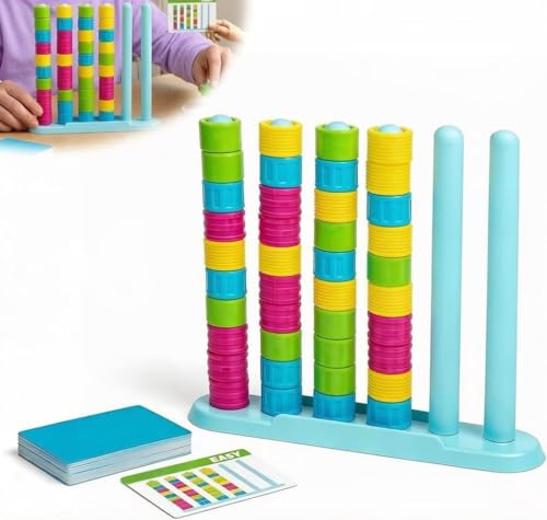 Natwo Colour Stack Challenge Game Color Matching Stacking Puzzle Game Color Matching Stacking Puzzle Game with Racks Rings & Cards for Kids and Adults (1 Set)