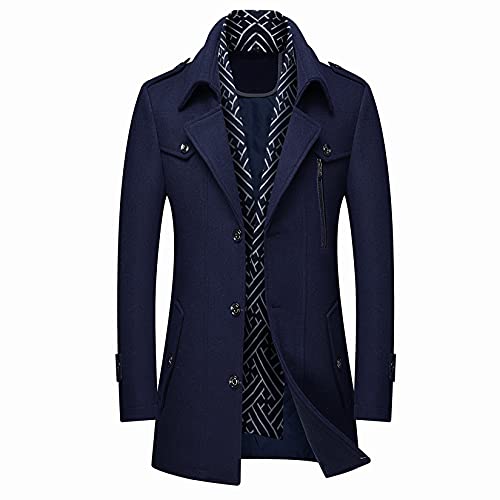 DOSLAVIDA Trench long en laine pour homme Coupe ajustée Avec écharpe douce amovible, Bleu marine, Large