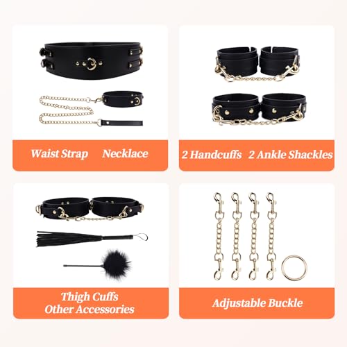 Image of Sex Bondage BDSM Restraints Kit Adult Toys with Neck Collar Ankle Handcuffs, Jornujna Bed Bondage Thigh Cuff Waist Strap Harness Restraints Sets, 8PCS Tickler Bondage Gear & Accessories for SM Games