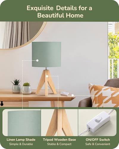 EDISHINE 36cm Bedside Lamp, Wood Tripod Table Lamp with Bean Green Linen Lampshade, ON/Off Switch, Desk Lamp for Living Room Bedroom, E27 Base, 2700K LED Bulb Included - Image 4