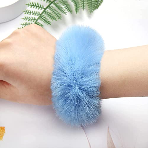 2 Pcs Furry Hair Scrunchies Cute Hair Bands With Faux Rabbit Fur Elastic Hair Ties Hair Bobbles Ponytail Holders Girls Women Hair Accessories (Blue) #TOP3