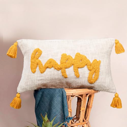 Image of HOMADORN 100% Cotton Text Pattern Handtufted /Embroided Decorative Cushion Cover (12X20 Inches) (2, Happy)