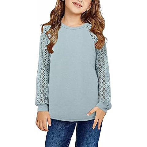 Girls Long Sleeve Shirts Lace Loose Casual Kids Crew Neck Tops Teen Girl Clothes Cute Tops for Teen Girls Size 5-6 Years Azure Cover