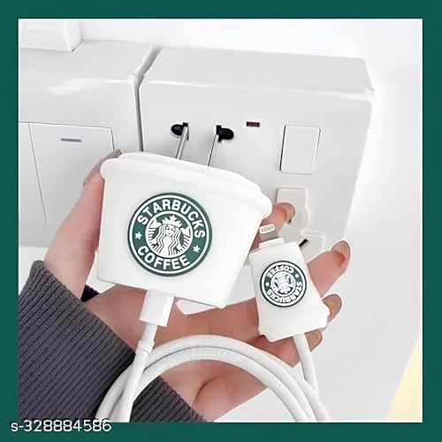 Image of Cable Protector with 3D Cute Pattern for iPhone Charger only18W & 20W | Data Line Wire Saver Charger Protective Cable Full Protection Set of-1 (White Star-Bucks)