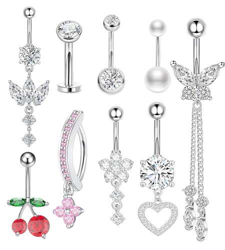 Belly Button Ring Dangle Surgical Stainless Steel Clicker Belly Rings 14G Floating Belly Piercing Cute Cherry Butterfly Heart Navel Ring Pink Belly Button Piercing Jewelry Barbell for Women