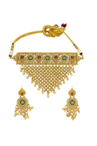 Image of Veltreo International Temple Jewelry Choker with Intricate Beadwork & Green Stone Detailing Gold-Toned Bridal Necklace Set with Earrings for Women