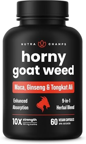 Horny Goat Weed for Men & Women | 9-in-1 Formula with 10X Strength Icariin, Tongkat Ali, Ginseng, Tribulus Terrestris, Maca for Men & More | Enhanced Absorption with Black Pepper | 60 Vegan Capsules