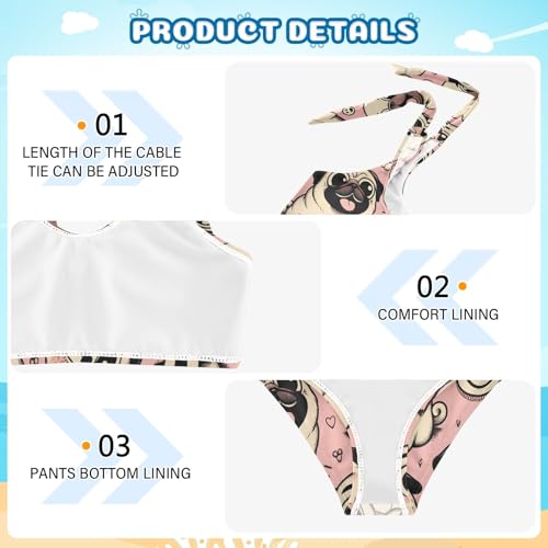 Girls' Bikini Set, Happy Pug Dog Pink Kids Swimsuit 2 Pcs Beach Bathing Suit3