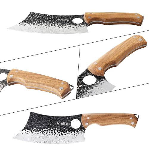 VRUIFA 3 PCS Butcher Knife Set (Serbian, Meat Cleaver, Viking), Hand Forged with Premium Stainless Steel Blades, Ergonomic Wooden Handle Kitchen Knife Set for Home,BBQ, and Camping