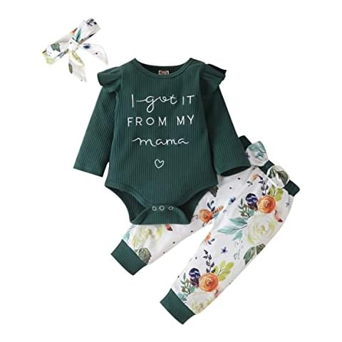 Baby Girl Floral Clothes Set Long Sleeve Romper Letter Bodysuit Ruffle Ribbed Jumpsuit Top Flower Pants Headband Outfit (12-18 Months, Green) Cover