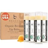 Lip Balm Organic (Original Unflavored) 4 Tube Pack ; Pure and Natural Beeswax Lip Butter with Aloe Vera, Vitamin E for a Clear Gloss; Moisturize, Repair Dry, Cracked or Chapped Lips, Made in USA