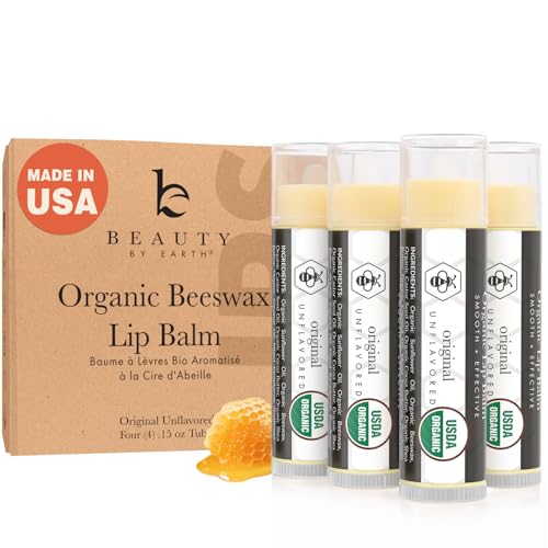 USDA Organic Lip Balm - USA Made with Natural Ingredients, Mens Stocking Stuffers, 4 Pack Unflavored Chapstick for Dry Lips, Beauty Birthday Gifts for Her & Him, Lip Moisturizer, Gift Ideas