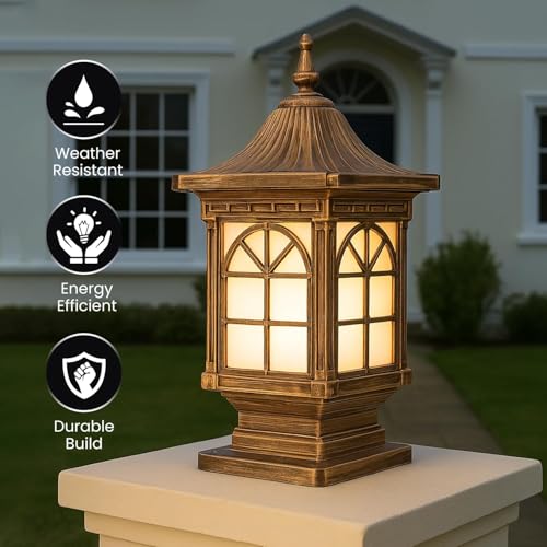 Image of GIGAWATTS 1266 Outdoor Gate Light - 101% Rust & Waterproof Die-Casting Aluminium Exterior Piller Lamp Base Mount for Garden, Boundary Walls & Home Entrances (B22 Holder, Bulb Not Included, Gold)