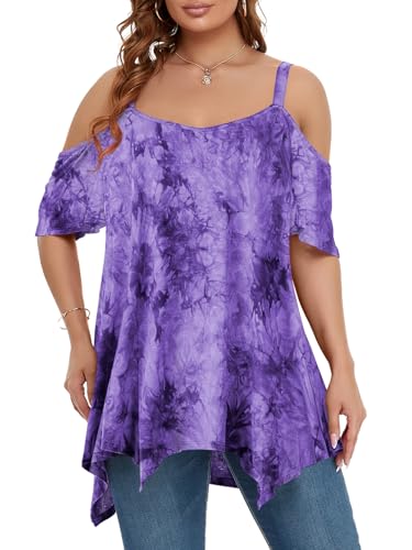Image of LARACE Cold Shoulder Tops for Womens Summer Clothes Spaghetti Strape Tunic Oversized Shirts Asymmetrical Plus Size Blouse