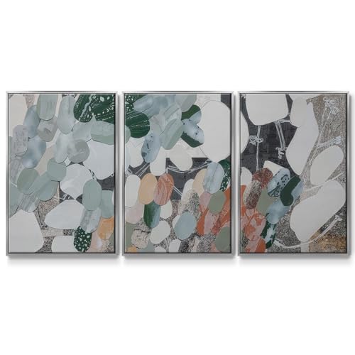 Renditions Gallery Abstract Wall Art Colorful Stones Painting Modern Minimalist Artwork for Home 3 Pieces of Silver Framed Canvas Prints Wall Decorations for Bathroom and Kitchen 16x24 Inch LS008