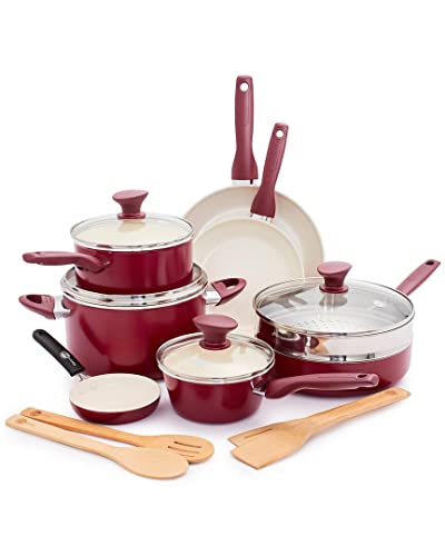 Image of GreenPan Rio Healthy Ceramic Nonstick 16 Piece Cookware Pots and Pans Set, PFAS-Free, Dishwasher Safe, Red