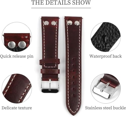 Bracelet montre cuir rivets 20mm interchangeable à dégagement rapide
