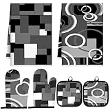 Jingmore 6 Pcs Kitchen Decor Set Accessorie Farmhouse Kitchen Towels Pot Holders Oven Mitts Set 2 Dish Towels 2 Pot Holders 2 Cooking Mittens Oven Glove for Cooking (Gray and Black,Geometric)