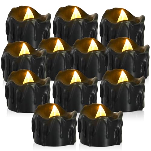Behogan Bougies chauffe-plat LED noires : 12 pièces Bougies sans flamme à piles avec effet de larme, vacillant jaune chaud réaliste Bougies électriques pour la décoration de la maison d'Halloween