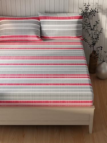 Image of KOPA Extra Smooth Cotton Double Bedsheet with 2 Pillow Covers -3pc Set (Lopez) | Extra Smooth Cotton | 1 Double Bedsheet with 2 King Size Pillow Covers Stripe-red /Grey