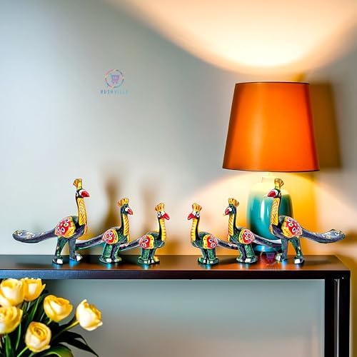 Hand-Painted Paper Mache Peacock Set - Traditional Indian Folk Art Decor for Home, Temple, Office &ifting (Set of 6) -reen