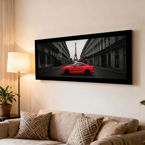 Image of PAINTINGMANTRA Paris City Racing Car with Eiffel Tower View Wall Art Framed Luxury Paintings for Home Decoration, Living room, Bedroom and Office Decoration (99x38 CM)