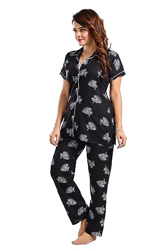 Image of Women's Cotton Heart Printed Night Suit Set of Shirt and Pyjama