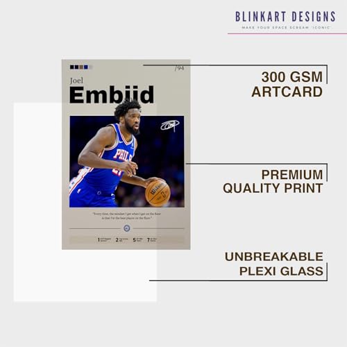 Image of BLINKART Joel Embiid | Nba Basketball Player | Synthetic Wood Photo Framed Wall Hanging Poster For Room & Office Bedroom Living Boys And Girl Room Home Wall Hanging | 12x18 Inches