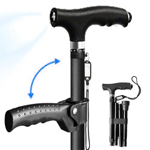 AURIVEE - AURIVEE® Canne de Marche Pliable Réglable avec Lumière LED, Canne Telescopique à Double Poignée pour Personnes Âgées, Bâton de Randonnée Portable (Noir)