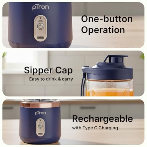 Image of pTron EaseMate Blender M1 Portable Electric Blender, Mini Personal Juicer, 6 Blades, Fruit Mixer with 2 Food Grade Jars, Type-C Fast Charging, Travel-friendly & Rechargeable Smoothie Maker (Blue)