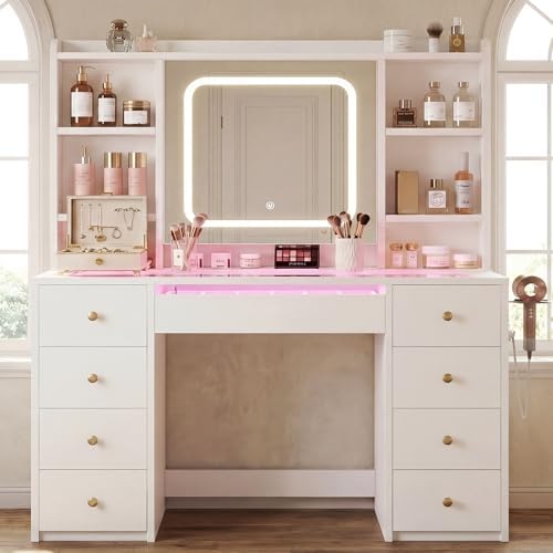 Heybly Tocador de Maquillaje con Espejo LED y Luz, Tocador Grande...