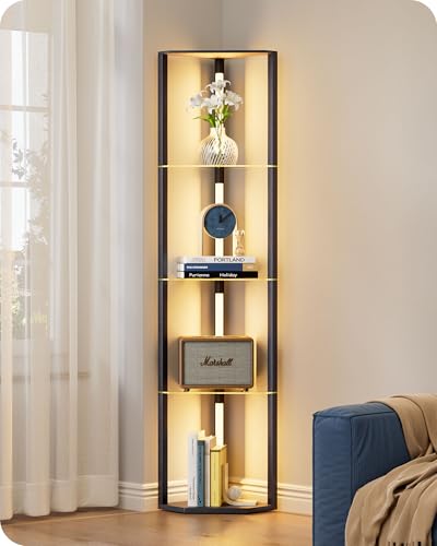 EDISHINE Lampada da Terra con Mensole in Vetro, Dimmabile Continuamente, 3 Temperature di Colore, Interruttore a Pedale, Libreria ad Angolo in Legno con Luce LED per Soggiorno, Camera da Letto, Nero