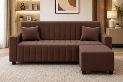 Image of Amazon Brand - Solimo 3 Seater Wooden Sofa with Ottoman | Velvet Fabric Sofa Set for Living Room | Comfortable Cushioned Couch with Footstool | Stylish Home Furniture-Brown