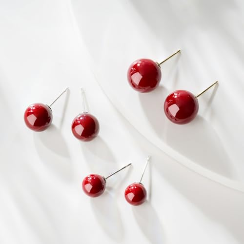 925 Sterling Silver Post Stud Earrings Red Ball Stud Earrings Set Jewelry for Women 8-12MM3