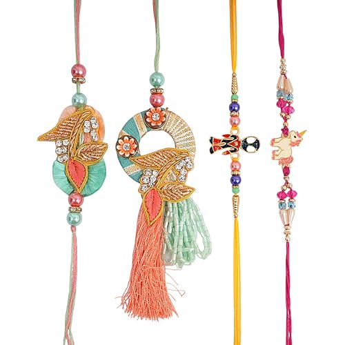 IGH Pack of 4 Designer Couple Lumba Rakhi for Bhai & Bhabhi 2 Cartoon Rakhi for Brother with Greeting Card | Traditional & Stylish Raksha Bandhan Wristbands Rakhee