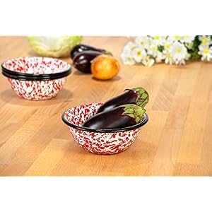 Red Co. Set of 4 Enamelware Metal Classic 20 oz Round Cereal Bowl, Red Marble/Black Rim - Splatter Design Red Co Set of 4 Enamelware Metal Classic 20 oz Round Cereal Bowl Red MarbleBlack Rim Splatter Design