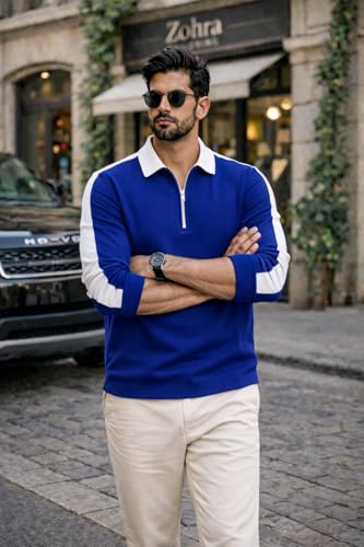 Image of Dagcros Mens Polo T-Shirt with White Contrast Collar | Short Sleeve Zipper Neck Casual Top | Smart Casual T-Shirt for Man