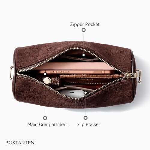 Image of BOSTANTEN Shoulder Bag for Women Suede Leather Crossbody Purse with 2 Strap | Multi Carrying Ways, Luxury Barrel Style, Compact But Roomy, Lightweight, Trendy Versatile for Everyday Commute Office