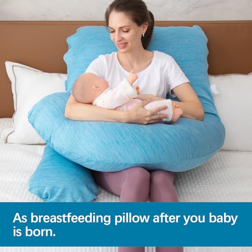 MOON PINE Pregnancy Pillow, U Shaped Full Body Pillow for Maternity Support, Sleeping Pillow with Cover for Pregnant Women (Light Blue)